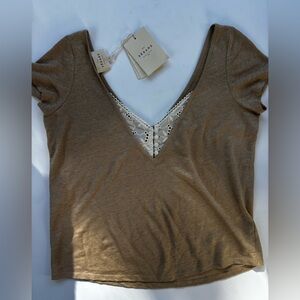 Sézane Brown Linen Top with Lace Detail